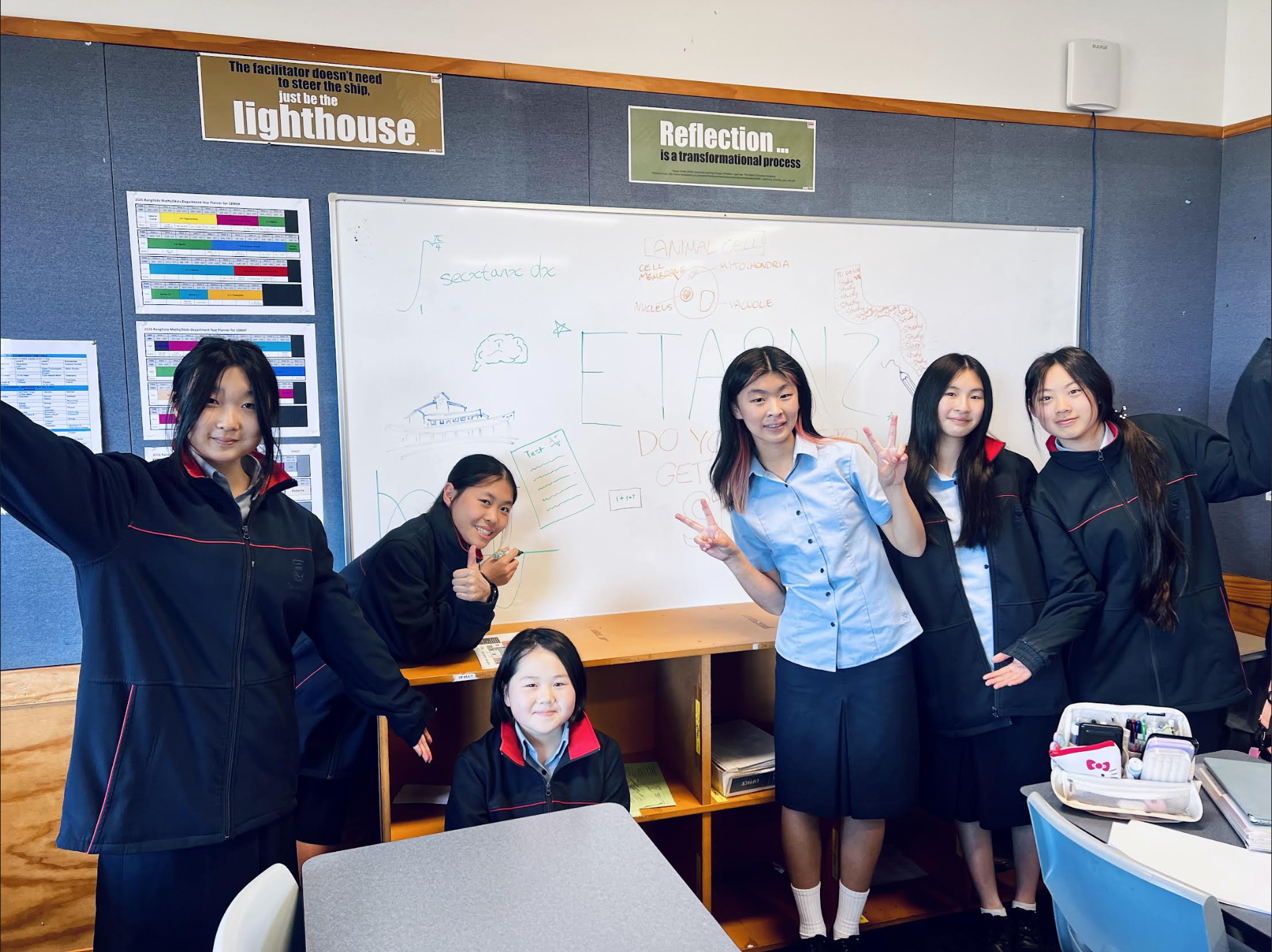 A group of people (us) standing on front of the whiteboard drawing of ETASNZ