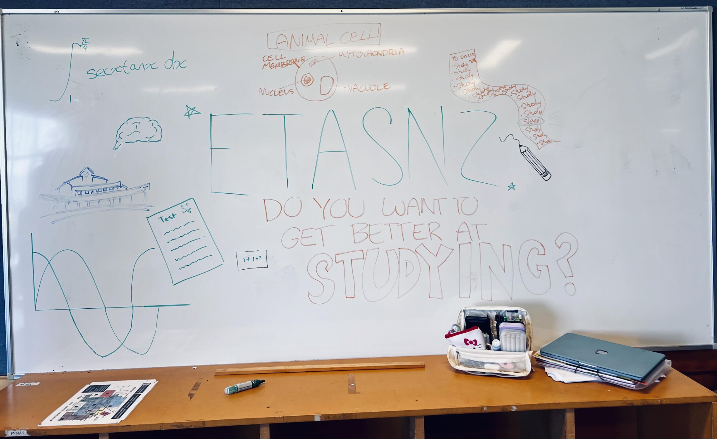 A whiteboard with some drawings surrounding the 'ETASNZ' written on it